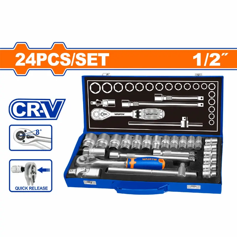 1/2" Chrome-Vanadium Ratchet Socket Set – 24-Piece Professional Kit Including Sockets, Extension Bars, T-Handle, And Heat-Treated Components 1