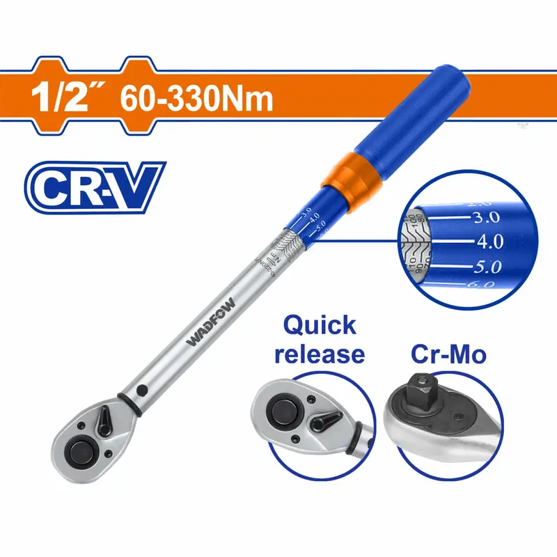 1/2" Drive Click-Type Torque Wrench – 60–330 N·M, Cr-Mo Alloy, ±4% Accuracy, 565 Mm Length 1