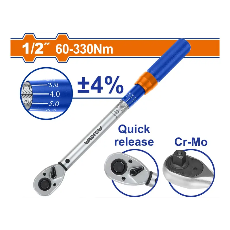 1/2" High-Capacity Torque Wrench – 60–330 Nm, Cr-V & Cr-Mo Construction, 565 Mm Length, ±4% Tolerance 1