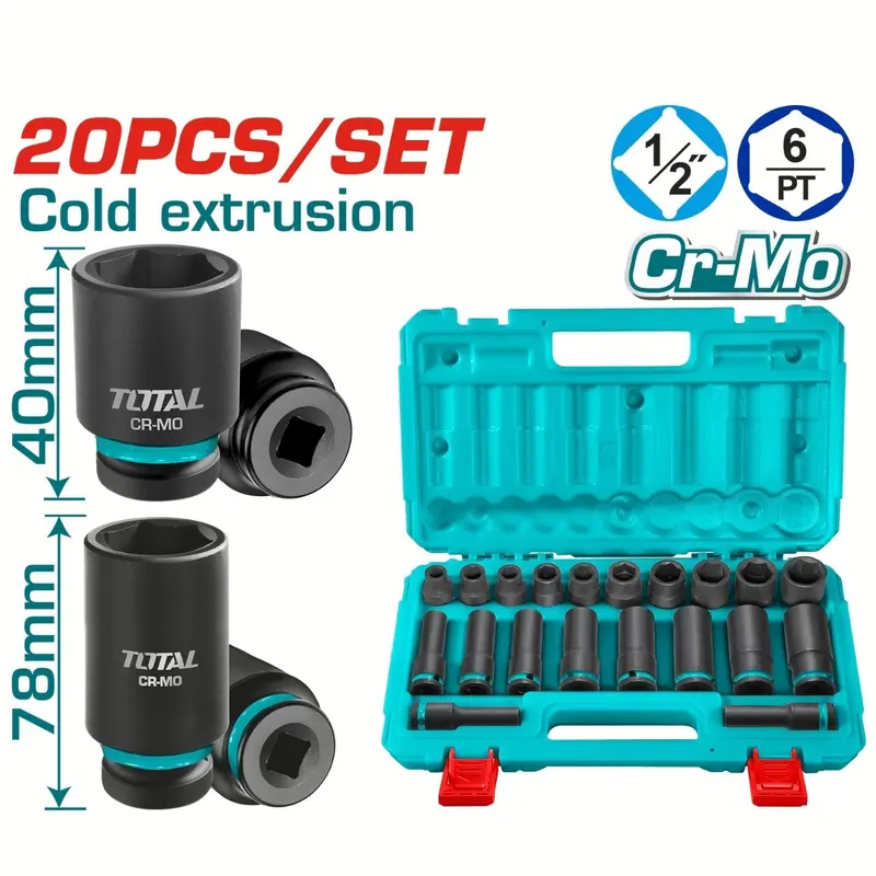 1/2" Impact Socket Set – 20-Piece Cr-Mo Range (10–24 Mm), 78 Mm Length 1