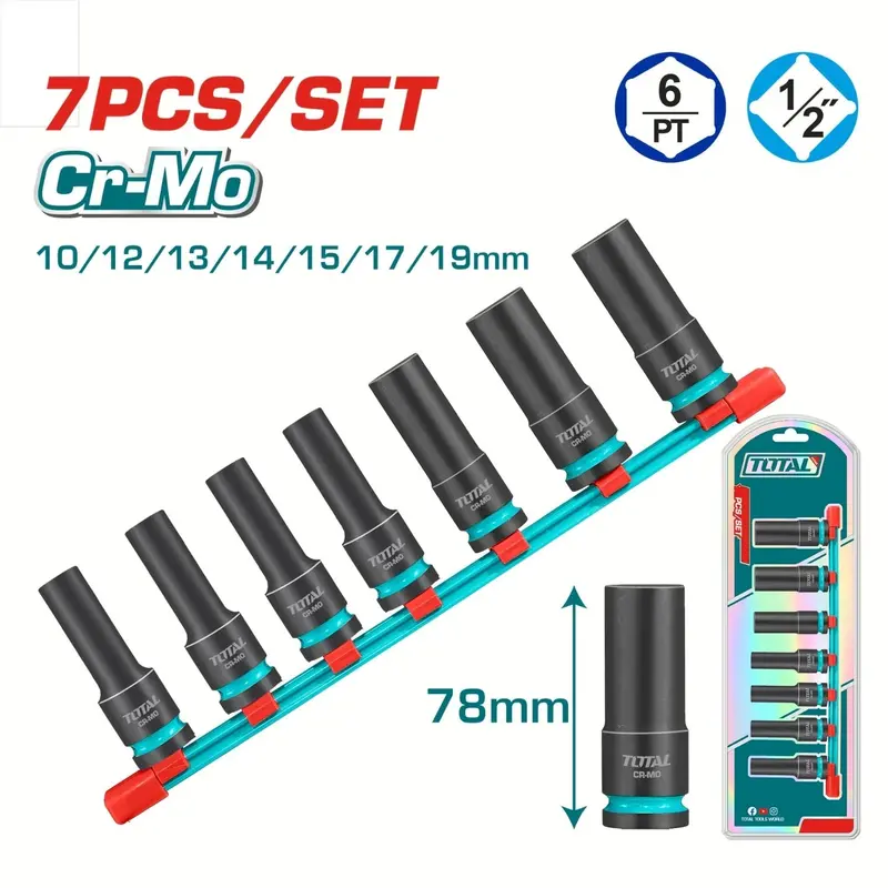 1/2" Impact Socket Set – 7-Piece Cr-Mo Range (10–19 Mm), Heat-Treated, 78 Mm Length 1