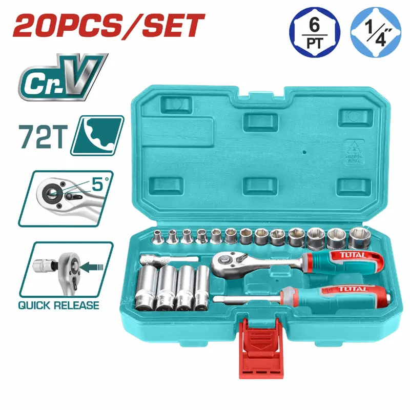 1/4" Chrome-Vanadium Ratchet Socket Set — Heat-Treated, 4–14 Mm, 20-Piece 1