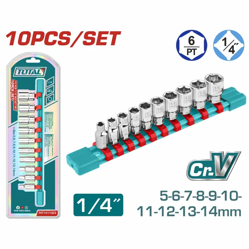 1/4" Chrome-Vanadium Socket Set — Heat-Treated, Chrome-Plated, 5–14 Mm, 10-Piece 1
