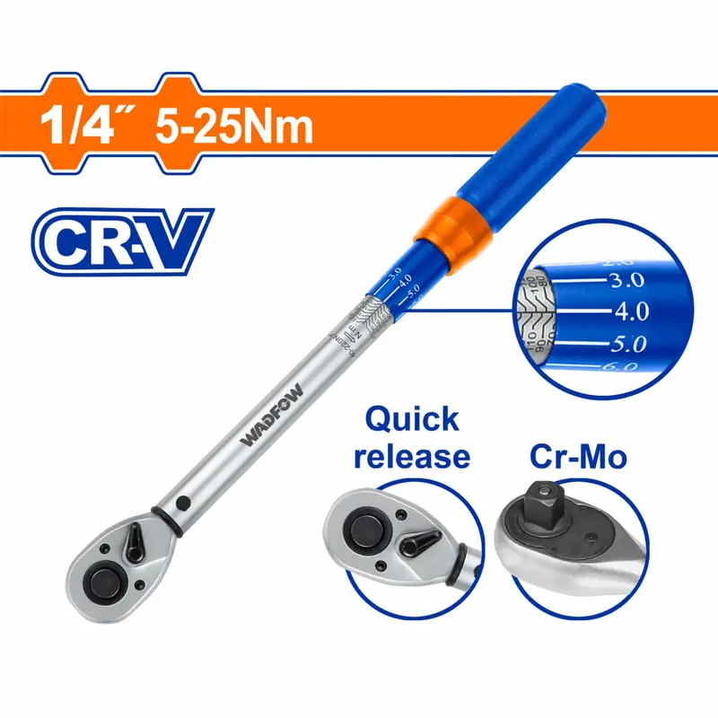 1/4" Quick-Release Torque Wrench – 5–25Nm Range, Cr-V/Cr-Mo Construction, ±4% Tolerance 1