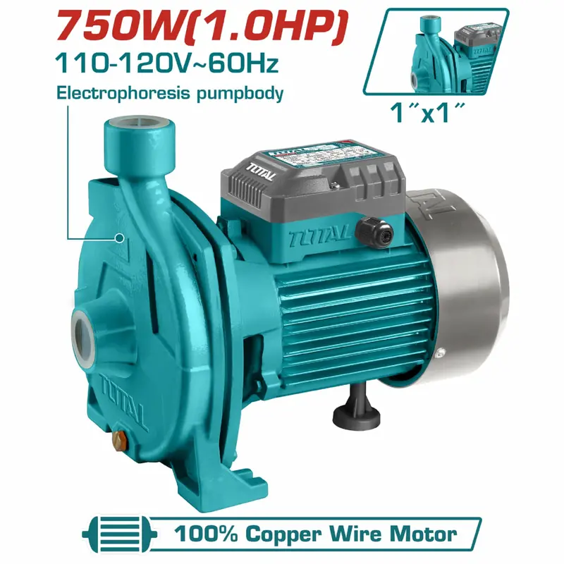 1 Hp Centrifugal Water Pump – 30M Max Head, 120 L/Min, 8M Suction, 1" Inlet, Stainless Steel Impeller – 110–120V~60Hz 1