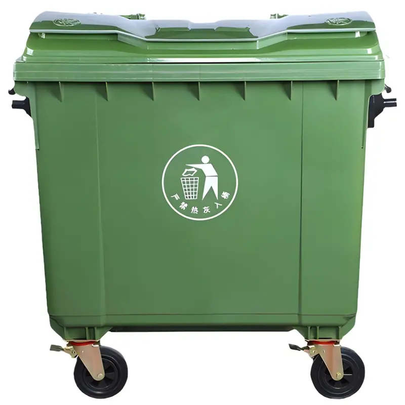 1100 L Industrial Waste Bin – Reinforced Polyethylene, Wheeled Green Trash Container With Lid 1