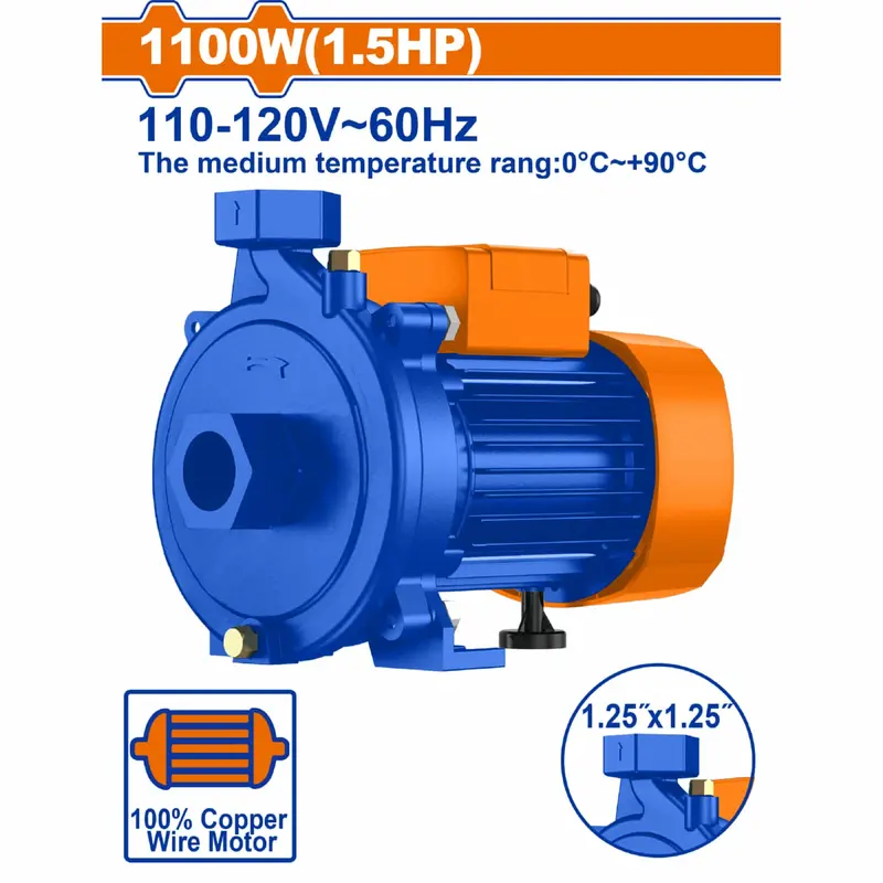 1100W Hot Water Centrifugal Pump – 25 M Max Head, 208 L/Min Flow, 0–90°C Range, 8 M Suction Lift, Copper-Wound Motor 1