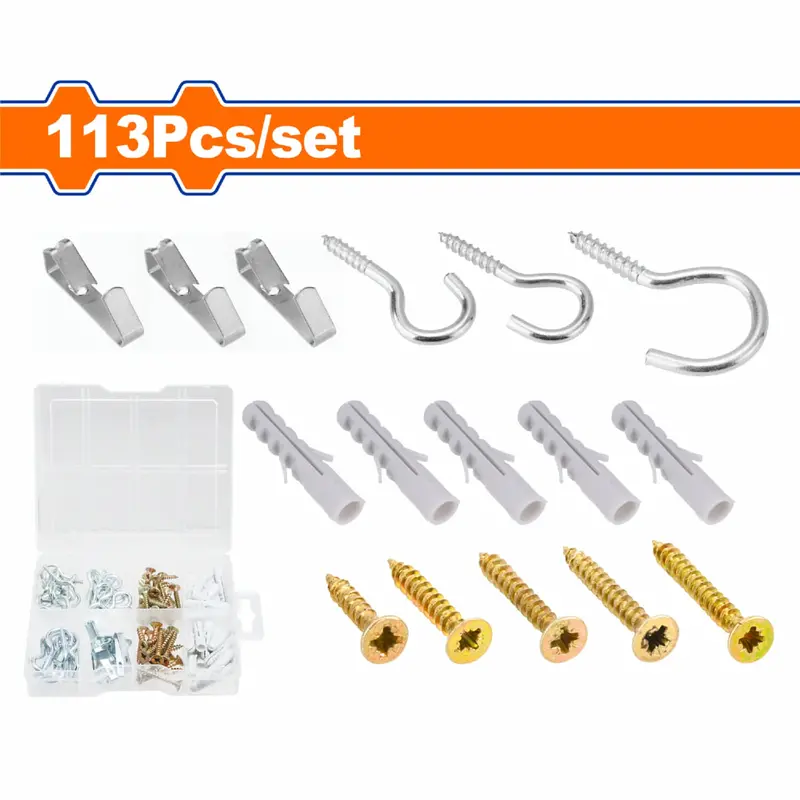 113-Piece Hardware Kit – Particleboard Screws, Plastic Anchors, Picture Hooks, And Screw Hangers 1
