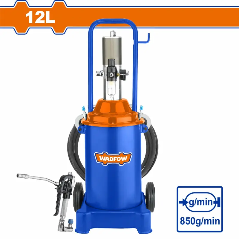 12-Liter Pneumatic Grease Gun – 50:1 Ratio, 6–8 Bar Pressure, 850 G/Min Flow Rate 1