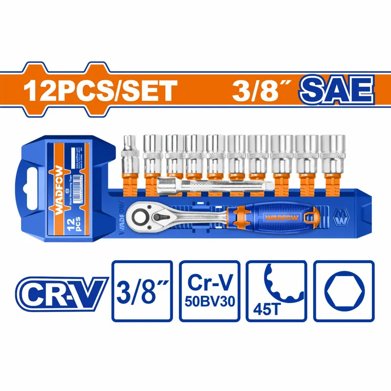 12-Piece 3/8" Drive Socket Set – Chrome-Vanadium, 45-Tooth Ratchet, Sae Sizes 1