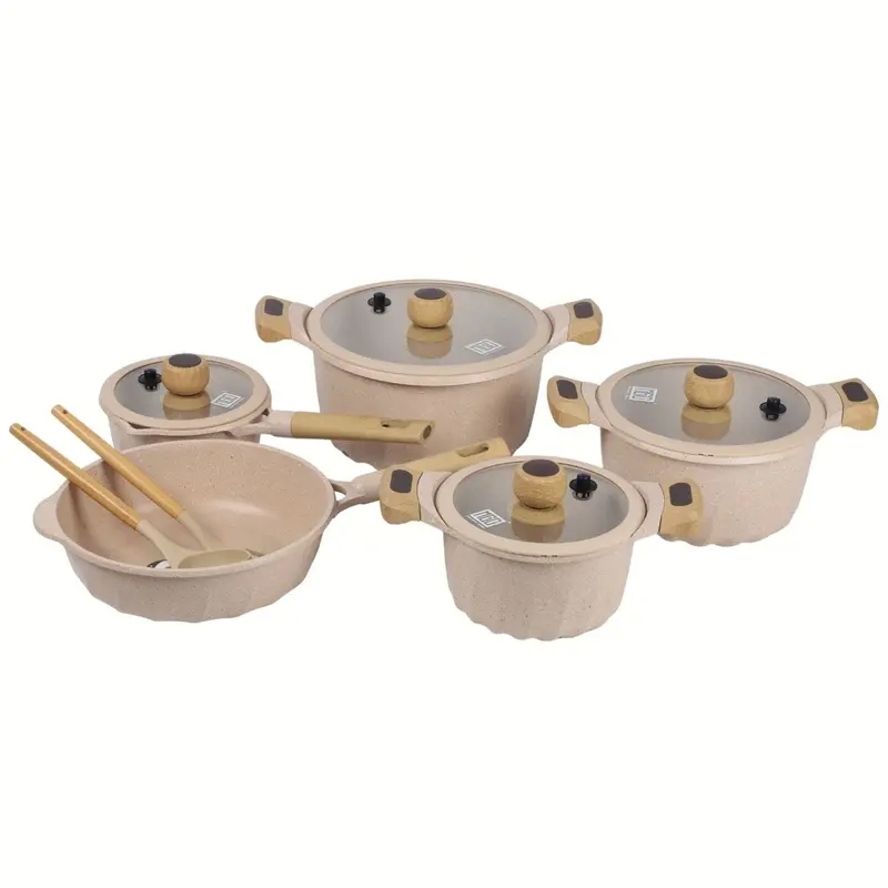 12-Piece Ceramic Non-Stick Cookware Set – Eco-Friendly Beige Kitchen Collection With Wood Handles & Heat-Sensing Technology (Teflon-Free) 1