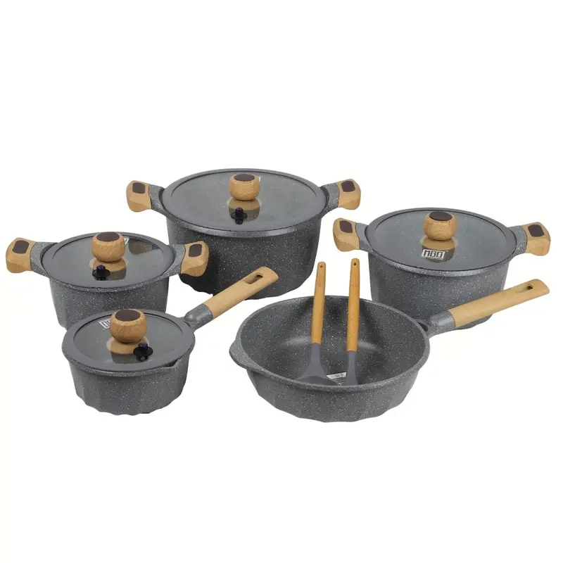12-Piece Granite-Coated Cookware Set – Eco-Friendly, Teflon-Free, Wooden-Handle Pots & Pans, Gray 1
