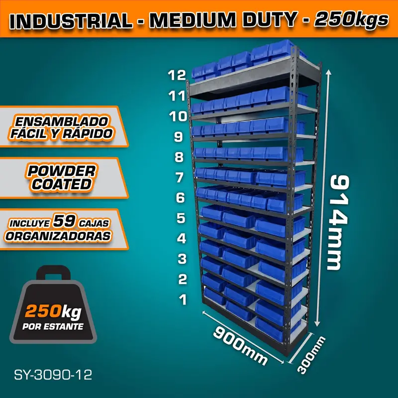 12-Tier Modular Bin Storage Rack – 300 × 900 × 1829 Mm, 250 Kg Per Level (59 Bins Included) 1
