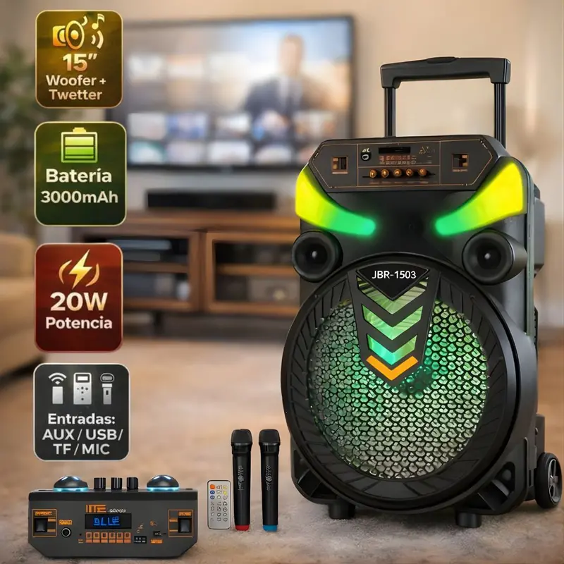 15-Inch Portable Bluetooth Speaker With Rgb Led Lights, Rechargeable 3000Mah Battery, Mic, Remote, And Black Finish 1