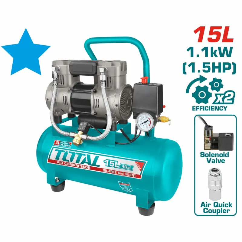 15-Liter Oil-Free Air Compressor – 1.5 Hp Aluminum-Wound Motor, Dual-Speed Compression, Dental-Grade Performance 1
