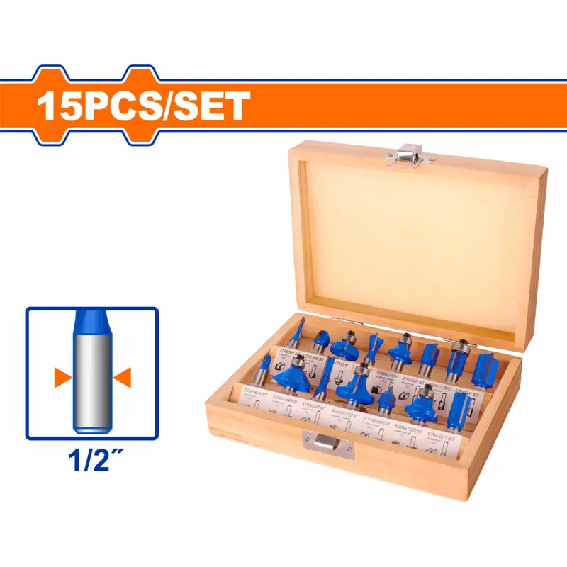 15-Piece Router Bit Set – 1/2" Shank, Includes Straight & Flush-Trim Bits (7/64", 15/64", 1/2", 5/8") 1