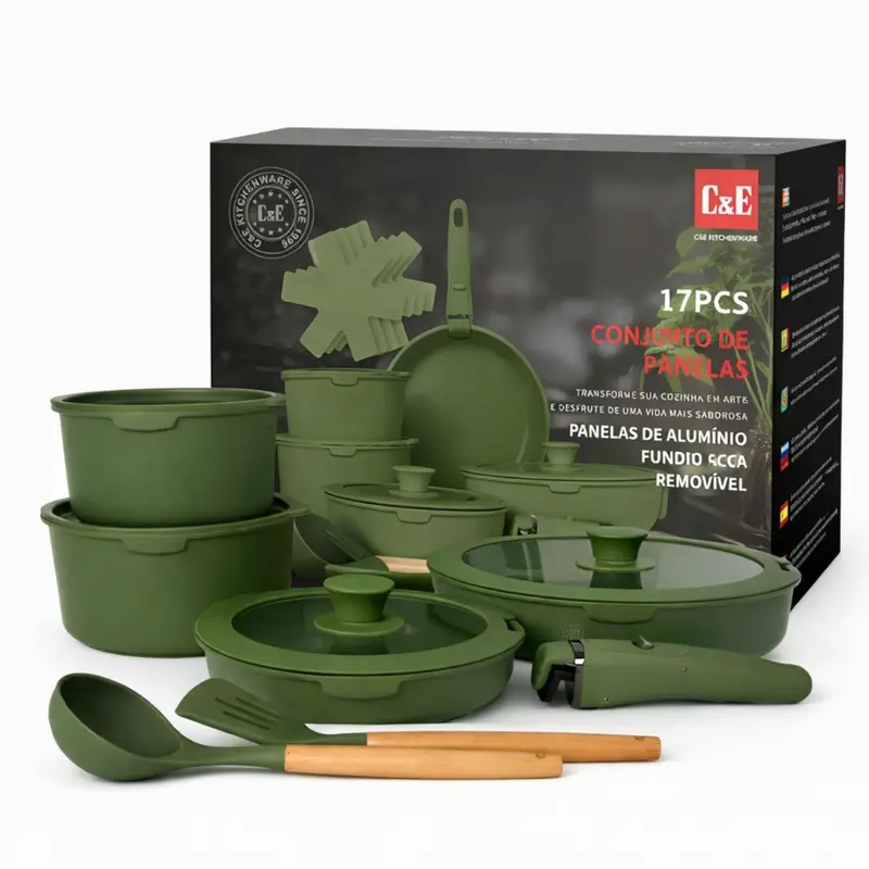 17-Piece Ceramic-Coated Nonstick Cookware Set – Detachable Bakelite Handles, 2.2 Mm Base Thickness, Includes Silicone Utensils, Green 1