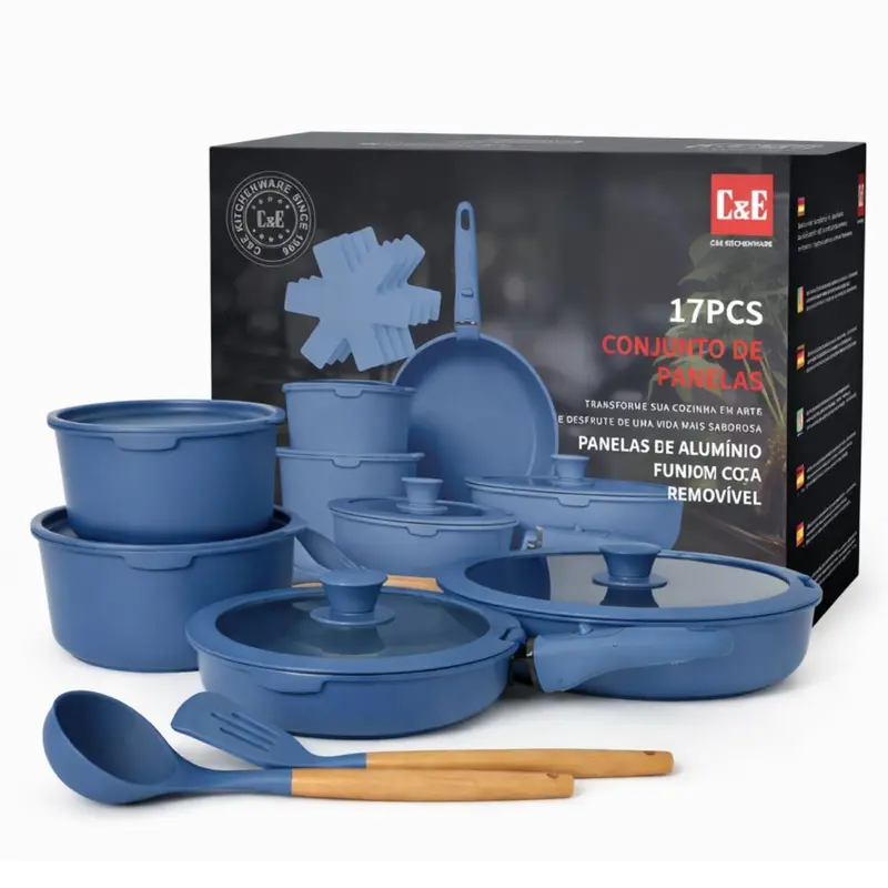 17-Piece Ceramic Non-Stick Cookware Set – Detachable Handles, Silicone Utensils Included, 2.2 Mm Thickness, Navy Blue 1