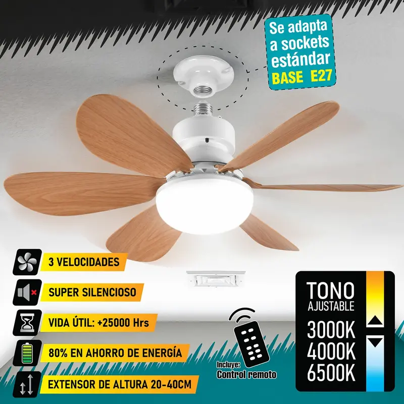 20-Inch Wooden-Blade Ceiling Fan With E27 Socket – Dimmable Led Light (3000K/4000K/6500K), 1900 Lm, 6 Blades 1
