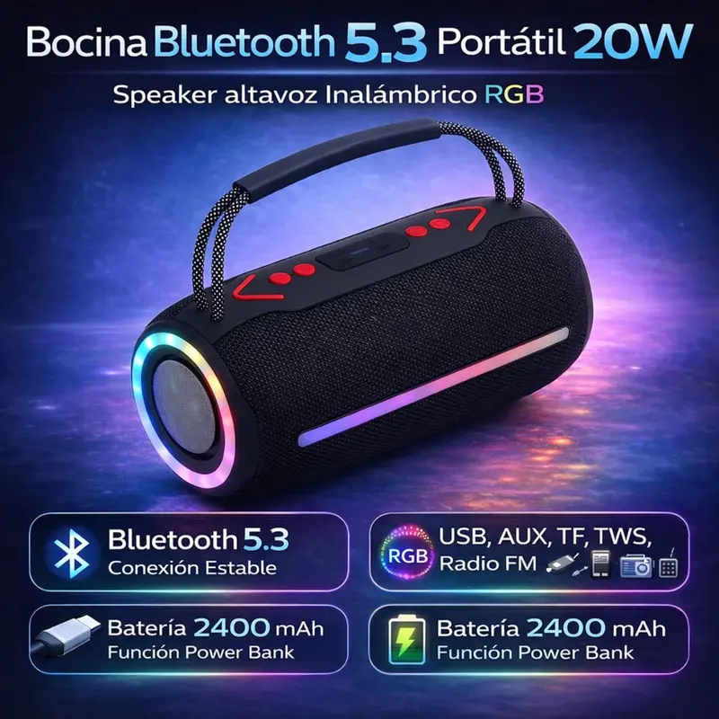 20W Bluetooth 5.3 Portable Speaker – Rgb Lights, Fm/Usb/Aux/Tf/Tws, 2400 Mah Battery With Power Bank Function 1