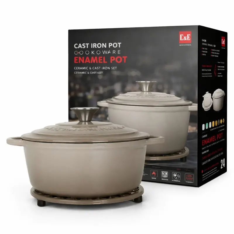 24 Cm Enameled Cast Iron Dutch Oven – Beige Finish, Pfoa-Free, 3.2 Mm Wall Thickness, Includes Stove-Safe Stand 1
