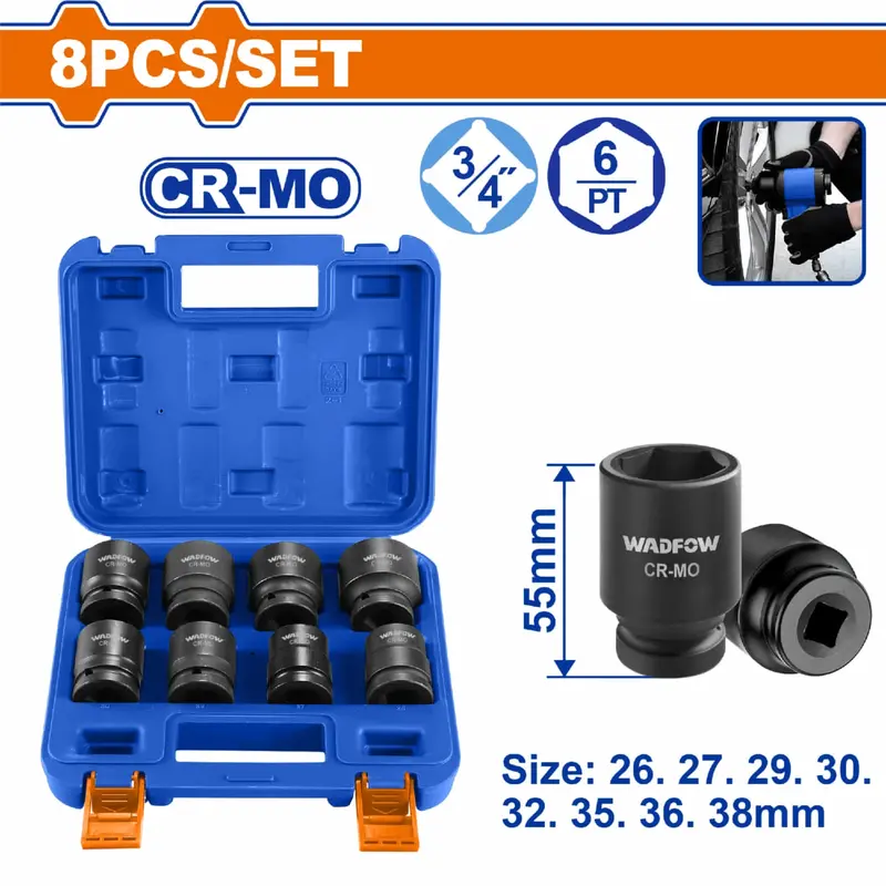 3/4" Heavy-Duty Impact Socket Set (26–38 Mm, 55 Mm Length) – Chrome-Molybdenum Steel 1