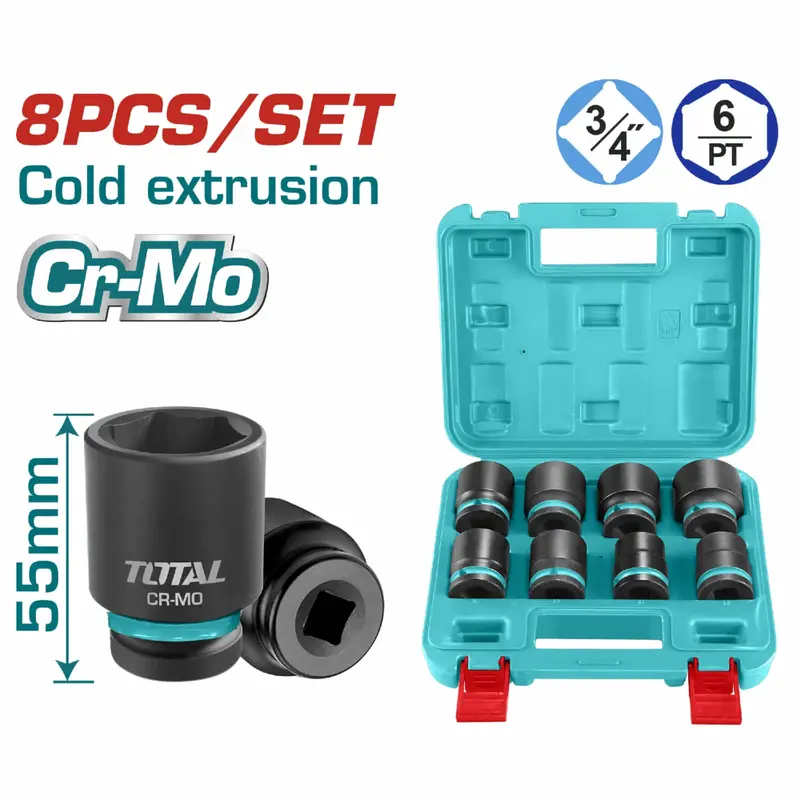 3/4" Impact Socket Set – 8-Piece Chrome-Molybdenum Kit, 55 Mm Length, Heat-Treated 1