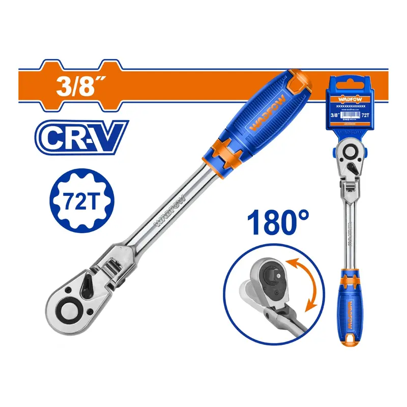 3/8" Flexible-Head Ratchet – 72-Tooth Cv Steel Gear, 180° Rotation, 250 Mm Length, Heat-Treated & Chrome-Finished 1