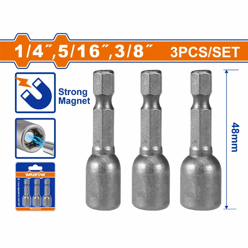 3-Piece Magnetic Hex Socket Set: 1/4", 5/16", 3/8" Drive, 1-7/8" Length, 50Bv30 Grade Magnets 1