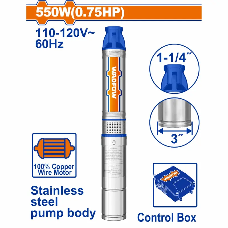 3" Stainless Steel Deep Well Submersible Pump – 0.75 Hp, 550W, 38M Max Lift, 6.0 M³/H Flow 1