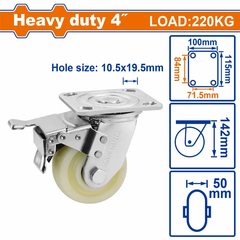 4-Inch Heavy-Duty Swivel Caster With Brake – 220Kg Load Capacity, White Plastic Housing 1