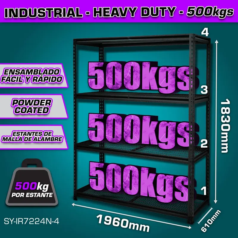 4-Tier Adjustable Storage Rack – 610 × 1960 × 1830 Mm, 500 Kg Capacity Per Shelf 1