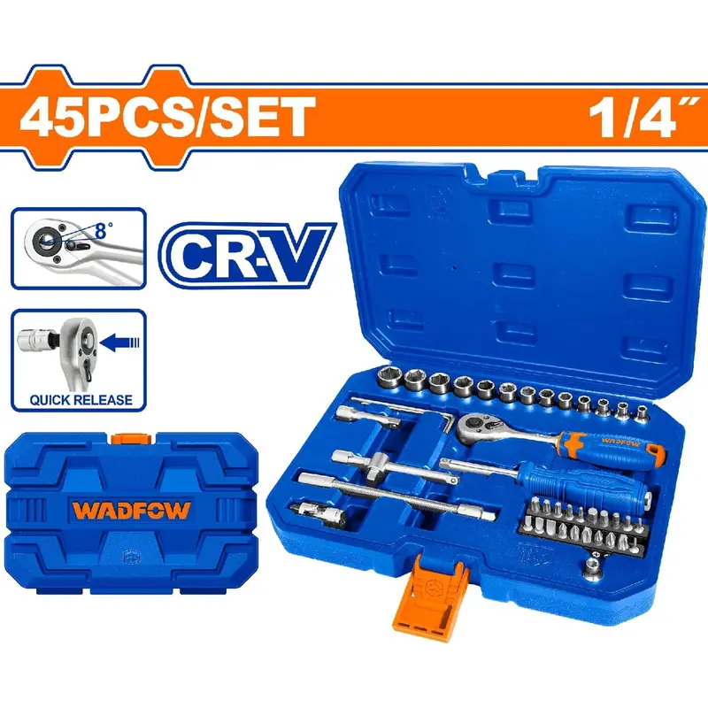 45-Piece Ratchet And Socket Set – 1/4" Drive, Chrome Vanadium Steel, Heat-Treated, Complete Kit 1