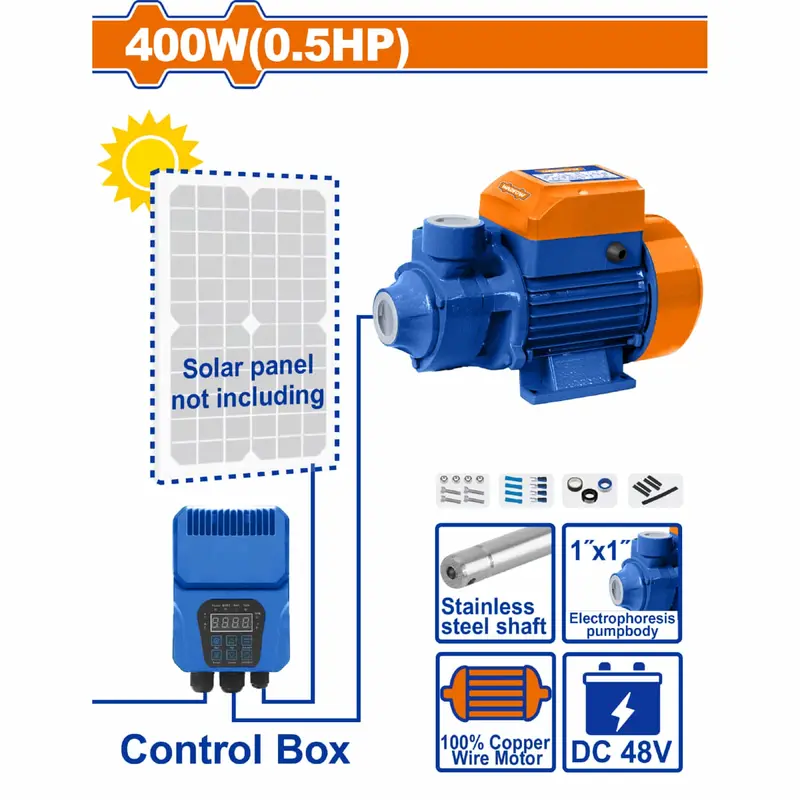 48V Solar Water Pump – 400W (0.5 Hp), 45M Max Head, 41 L/Min Peak Flow (Solar Panel Not Included) 1