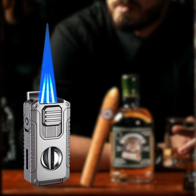 5-In-1 Multi-Function Torch Lighter – Refillable Butane Cigar Lighter With Triple Flame, Cutter, Punch & Bottle Opener 1