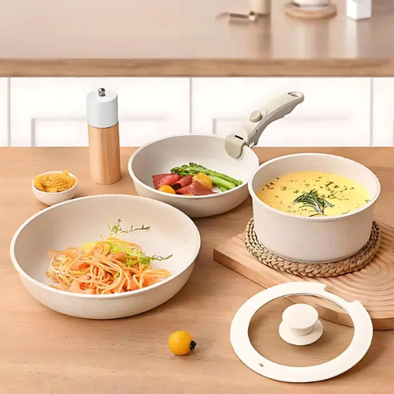5-Piece Non-Stick Cookware Set With Detachable Handles – Includes Frying Pan, Saucepan, And Tempered Glass Lid 1