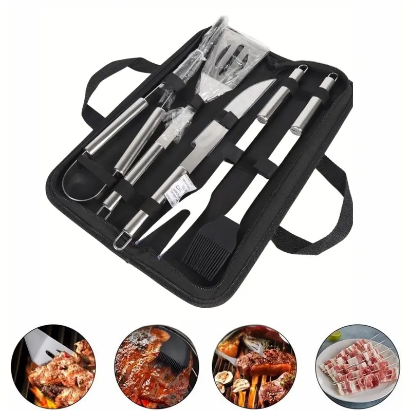 5-Piece Stainless Steel Bbq Tool Kit – Multi-Function Grilling Utensils With Portable Fabric Carry Case 1