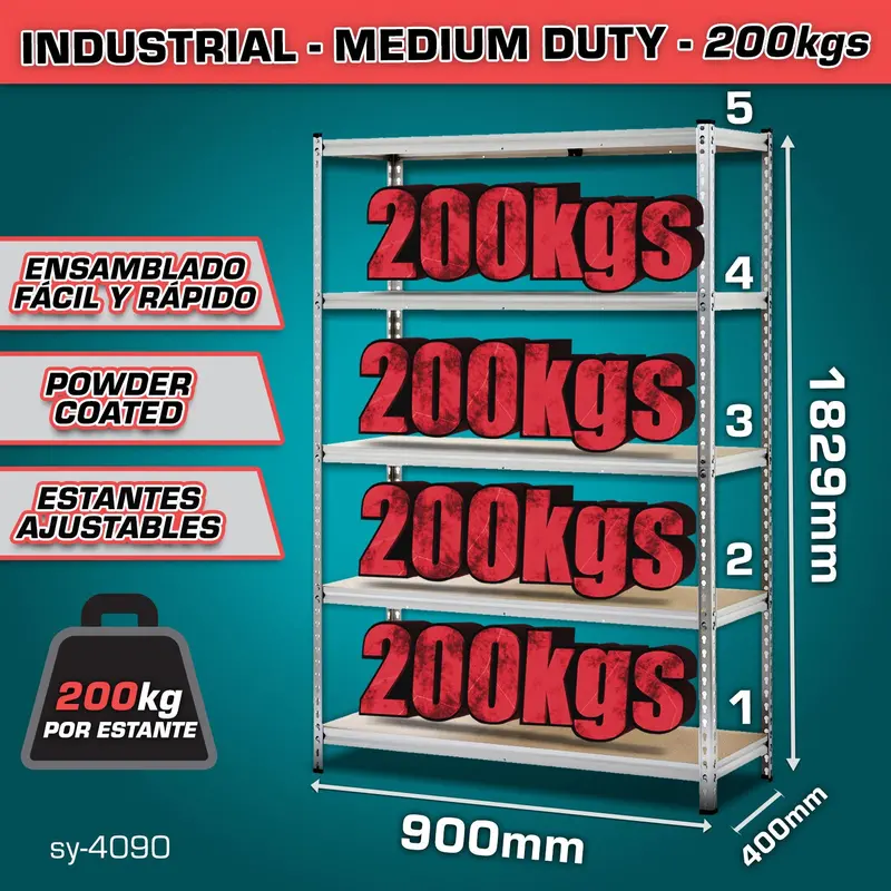 5-Tier Adjustable Utility Rack – 400 × 900 × 1829 Mm, 200 Kg Load Capacity Per Shelf 1