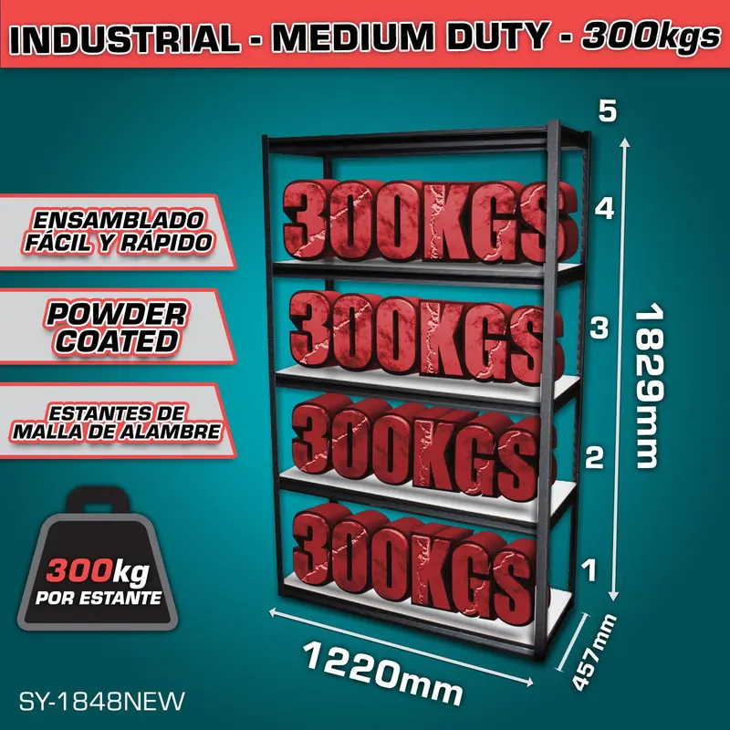 5-Tier Modular Storage Rack – 457 × 1220 × 1829 Mm, 300 Kg Capacity Per Shelf 1