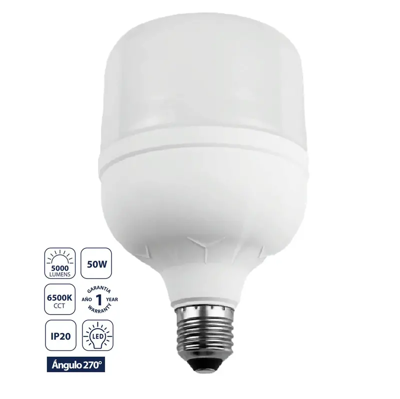 50W High-Power T-Shape Led Bulb – Instant-On Cool White 6500K E27 Lamp (5000 Lm, Pbt-Aluminum Housing) 1