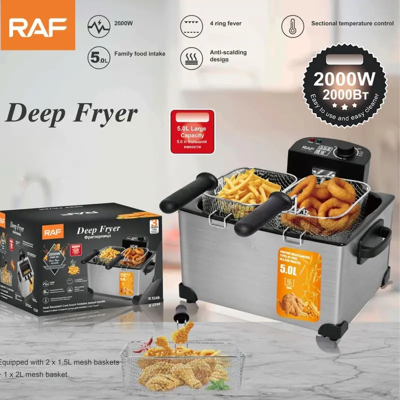 5L Deep Fryer – 2000W, Dual Stainless Steel Baskets, Adjustable Thermostat, 110V/60Hz 1