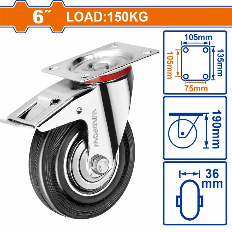 6-Inch Heavy-Duty Braked Swivel Caster – 150 Kg Capacity, Steel + Rubber Wheel 1