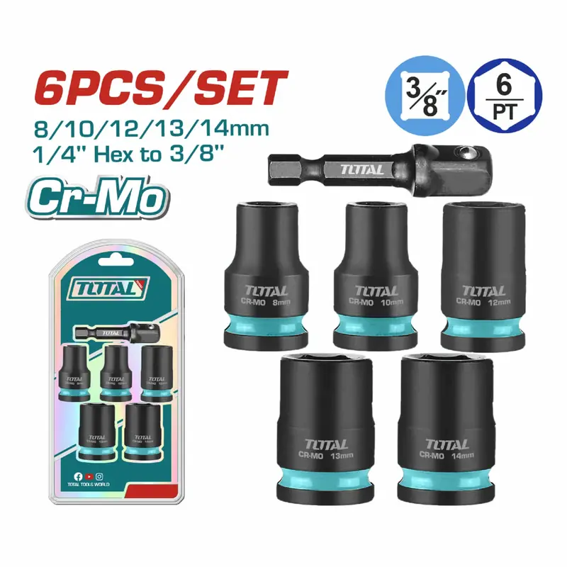 6-Piece Impact Socket Set – 3/8" Drive, 8–14 Mm Sizes, Chrome-Molybdenum Steel With Heat Treatment 1