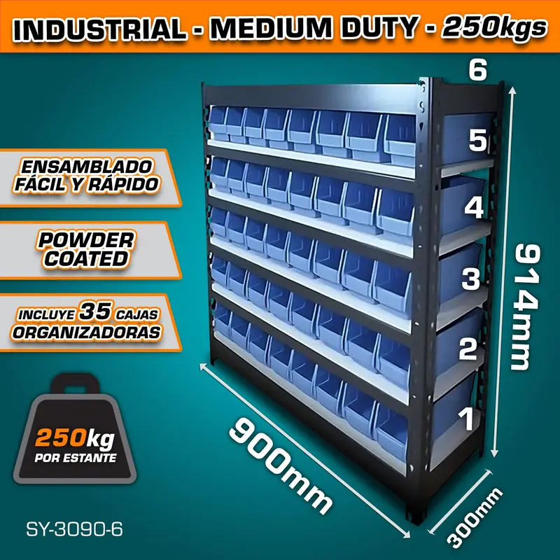 6-Tier Modular Storage System With 35 Bins – 300 × 900 × 914 Mm, 250 Kg Per Level 1