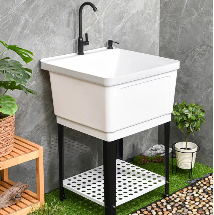 61×61Cm White Plastic Laundry Tub – Freestanding Utility Sink With Faucet Mount, 87.5Cm Height 1