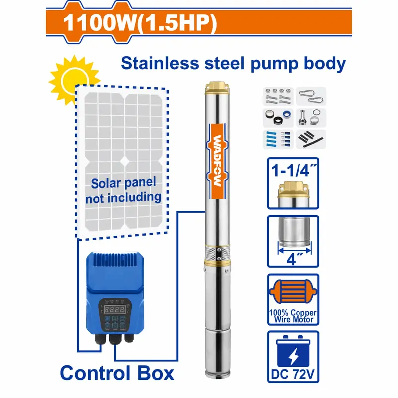72V Deep-Well Solar Water Pump – 1100W (1.5 Hp), 87M Max Head, 6.5 M³/H Flow (Solar Panel Not Included) 1