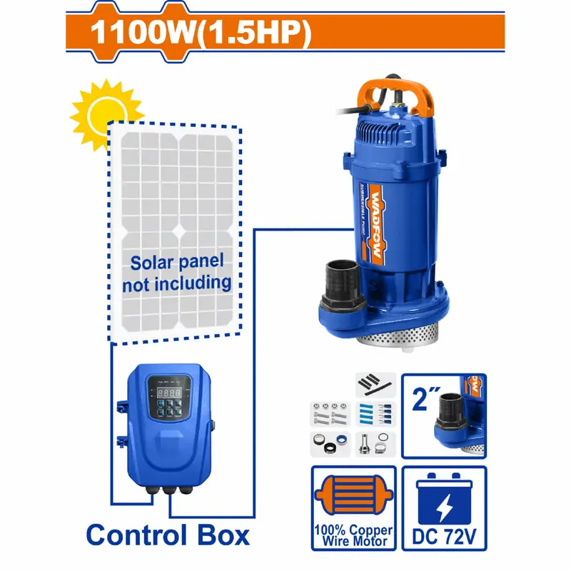 72V Solar Submersible Water Pump – 1100W (1.5 Hp), 36M Max Lift, 266 L/Min Flow Rate (Solar Panel Not Included) 1