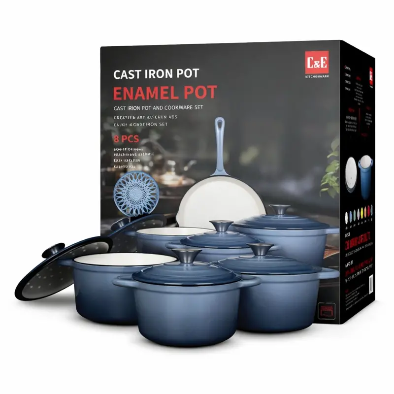8-Piece Enameled Cast Iron Cookware Set – Includes 26 Cm Skillet & 20/22/24 Cm Pots, 3.2 Mm Thick, Pfoa-Free, Blue 1