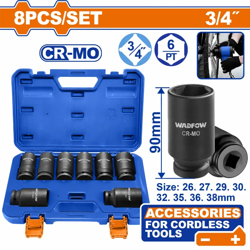 8-Piece Impact Socket Set – 3/4" Drive – Sizes 26–38 Mm – 90 Mm Length – Heat-Treated Cr-Mo Steel – Wcd1B128 Compatible 1