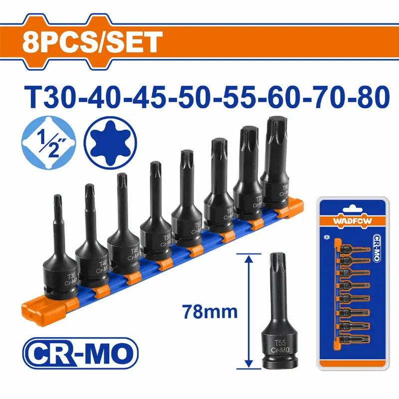 8-Piece Torx Impact Socket Set – 1/2" Drive, 78 Mm Length, Heat-Treated Cr-Mo Steel 1